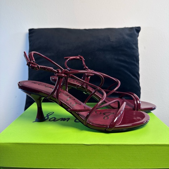 Sam Edelman Riana Sandal in French Merlot red strappy shiny kitten heel - Picture 2 of 9